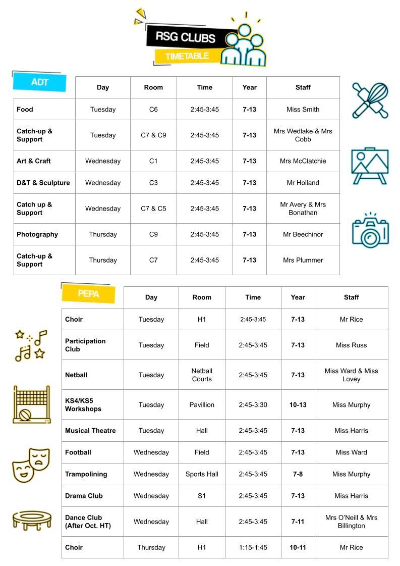 RSG Clubs Timetable